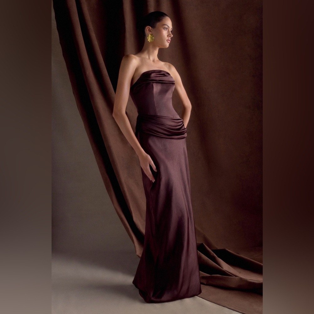 MESHKI Jasmine Strapless Satin Maxi Dress - Chocolate Brown - Picture 2 of 6